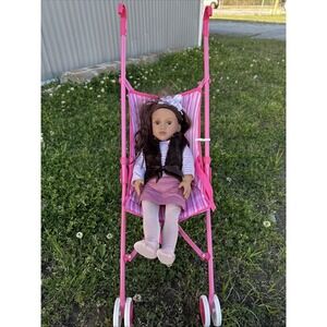 18" Our Generation Style Doll Brunette With Outfit & Pink Doll Stroller